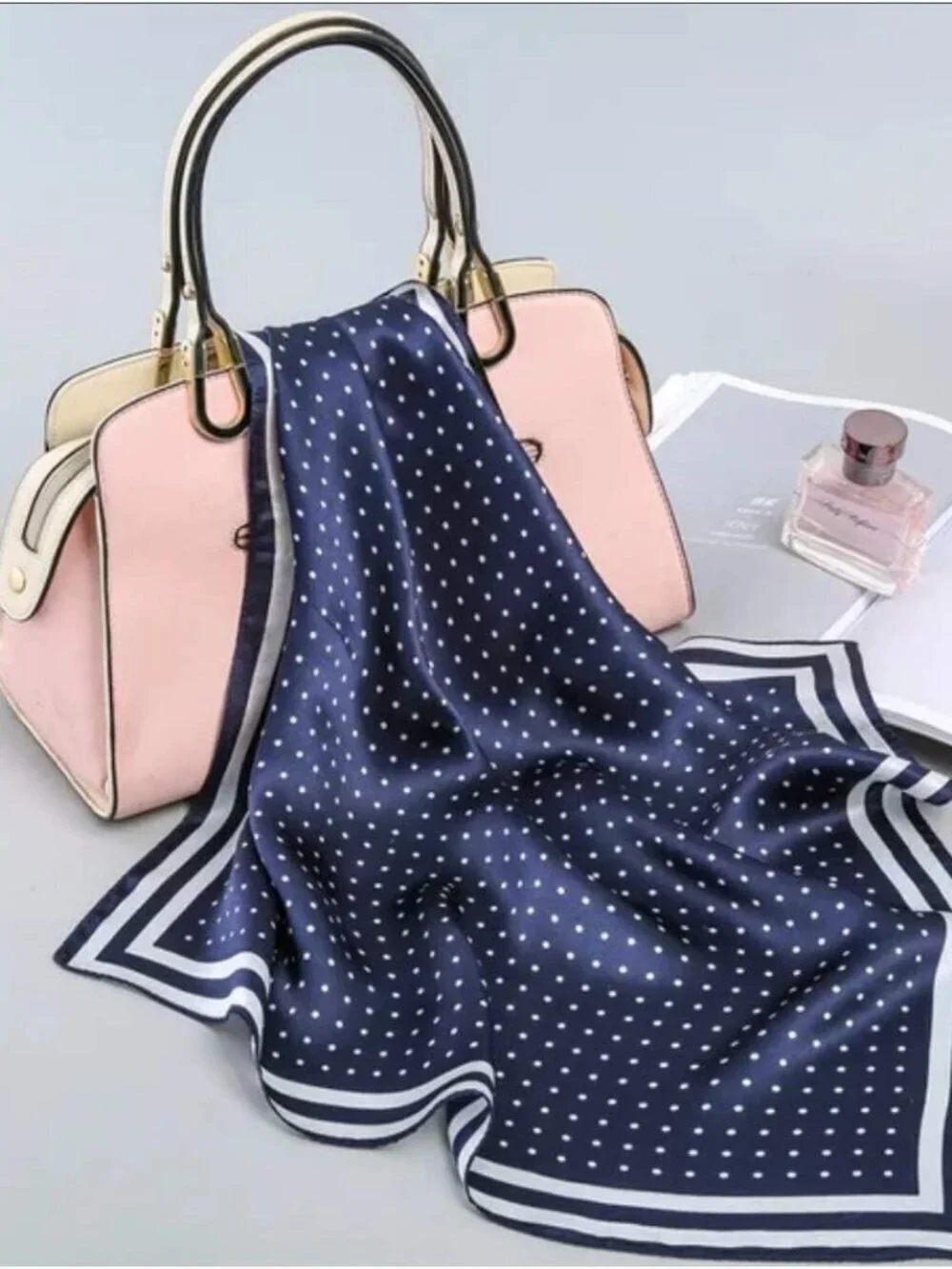 Women's Nvay Blue Polka Dot Scarf for Hair Digital Printed Headscarf Silk